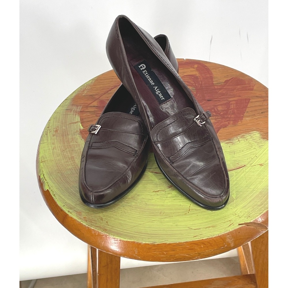 Etienne Aigner Womens Loafers 7N Shoes Brown Leather Buckle Pointed‎ Toe